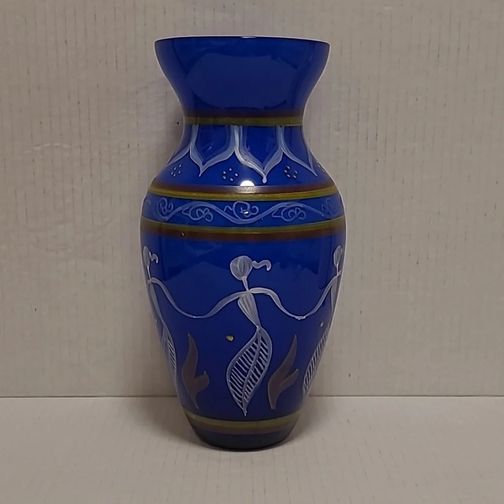 Vintage Colbalt Blue Handpainted Glass Vase
